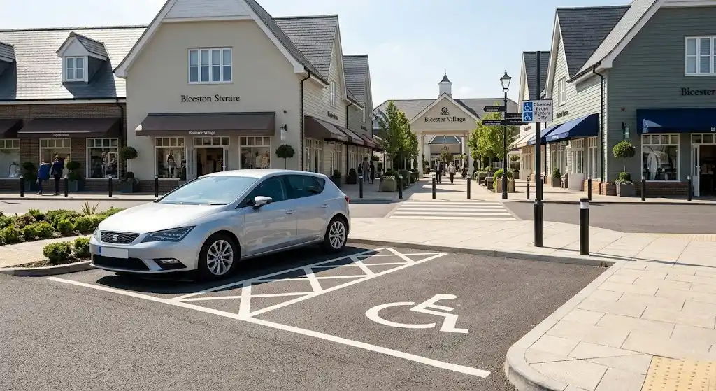 A high-quality photograph of a designated, spacious accessible parking bay for Blue Badge holders, located directly adjacent to an elegant, pedestrian-friendly entrance to Bicester Village on a sunny day.