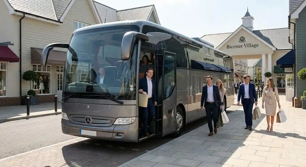 A high-quality photograph captures a modern, luxurious, silver high-frequency shuttle bus arriving at the Bicester Village main pedestrian entrance on a sunny day, with cheerful shoppers disembarking, emphasizing the high-end Park and Ride service mentioned in bicester-village-parking-guide