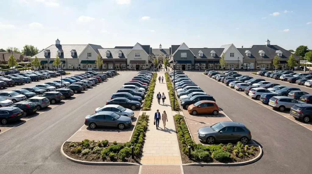 A wide-angle architectural photograph capturing the massive, upscale free main car park at Bicester Village on a sunny day, full of vehicles stretching toward the village-style boutique entrances.