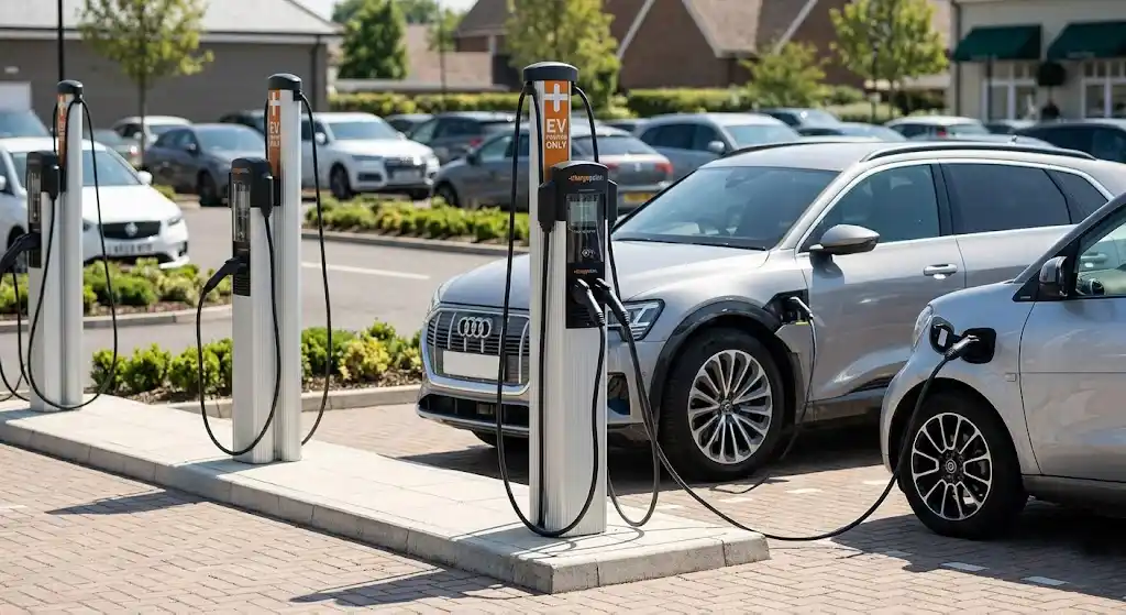 A close-up, high-quality photograph of modern, branded ChargePoint electric vehicle charging stations in the clean, well-lit Bicester Village parking lot.