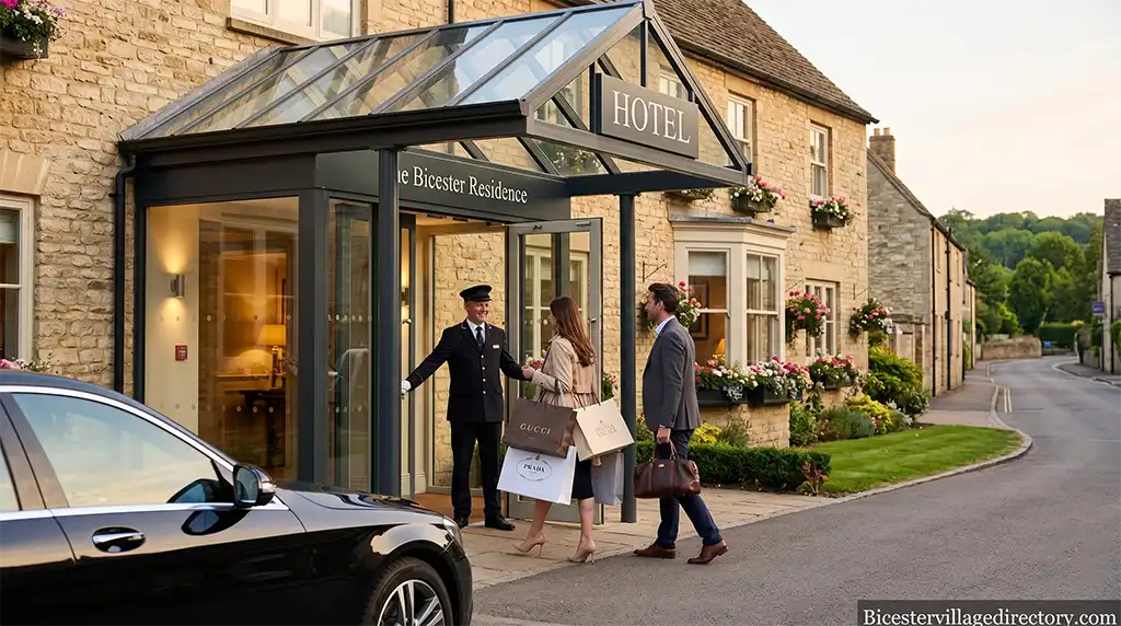 A sophisticated woman carrying multiple luxury brand shopping bags walking through a traditional golden stone archway into a welcoming hotel lobby.